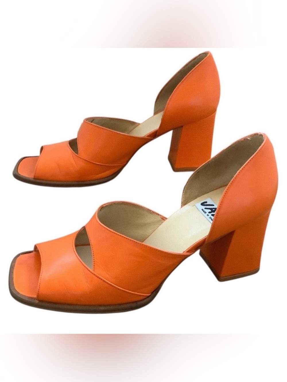 Jazz Made in Spain Orange Open Toe Block Heel Napa Leather Shoes Size 7.5 Retro